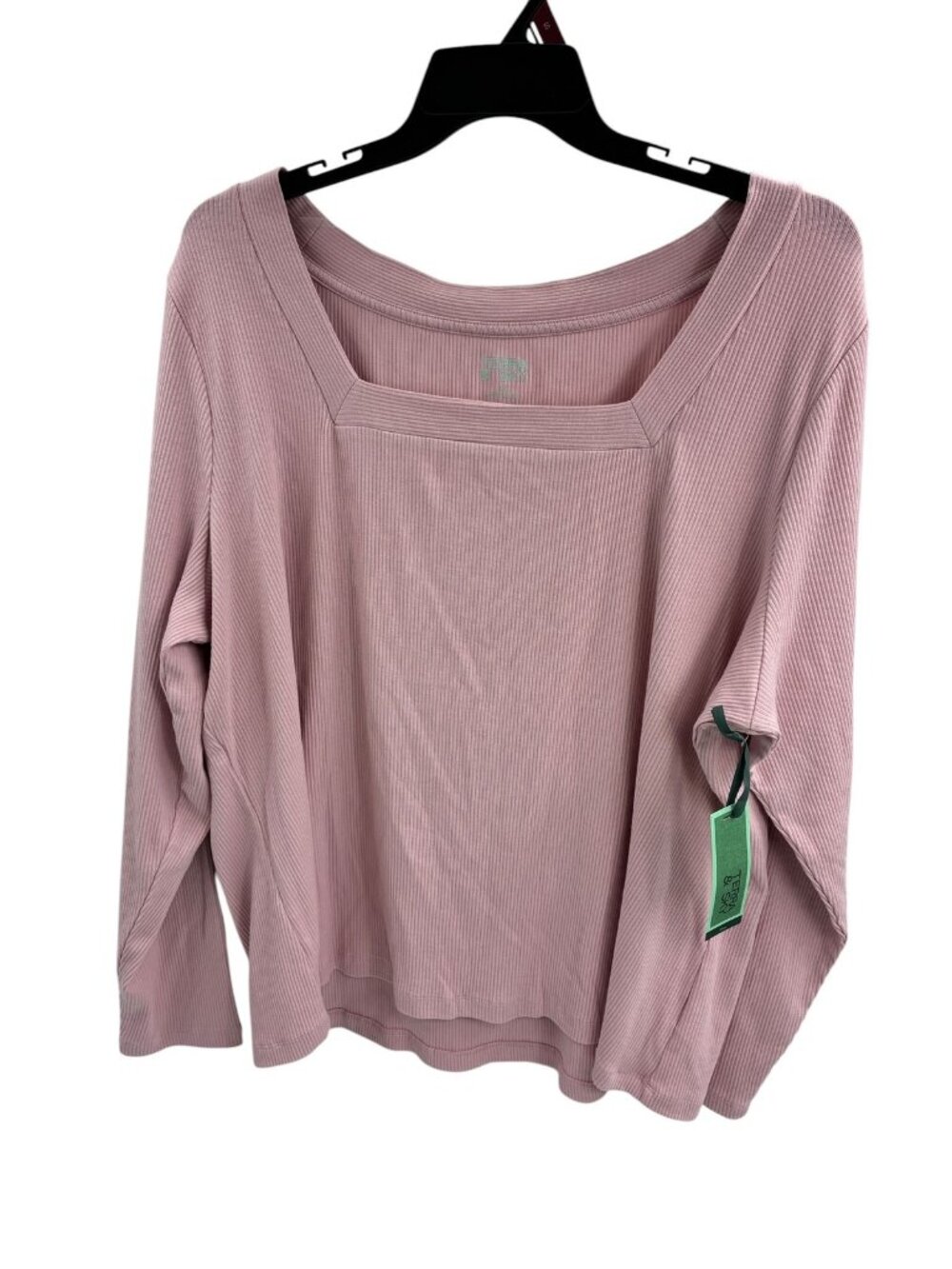 Terra & Sky Womens Plus 3X Dark Rose Ribbed Square Neck Long Sleeve Top New